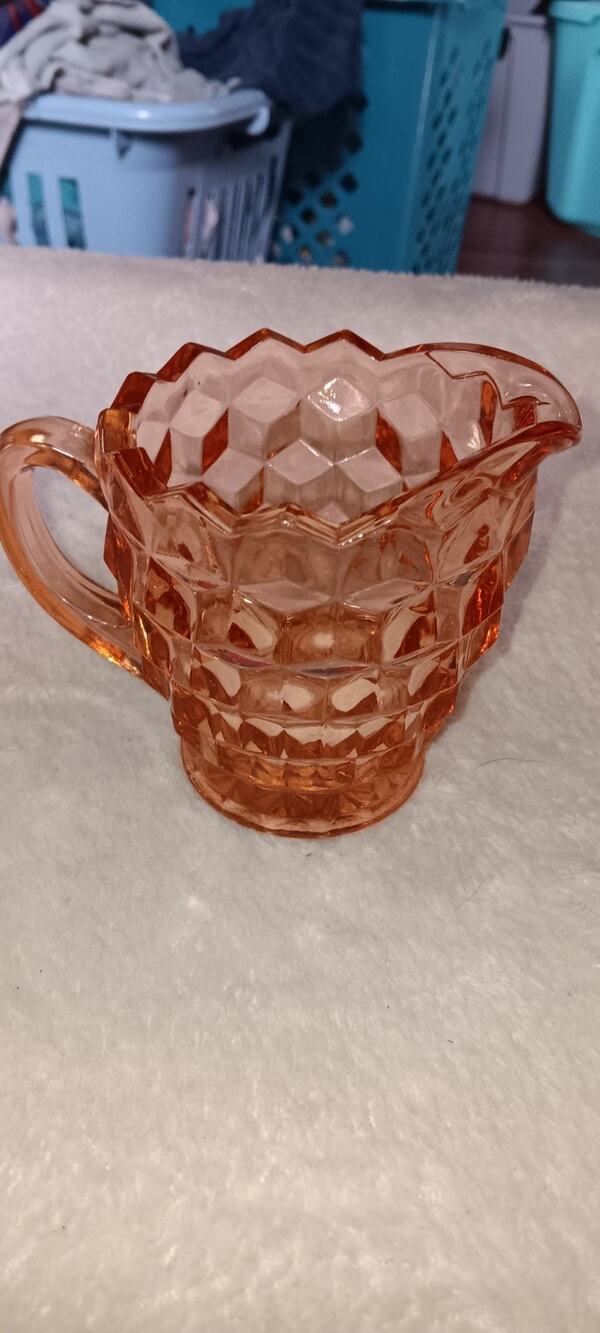 Vintage Indiana Whitehall Glass Cubist 4" Tall Heavy Creamer Pink Peach 1960's